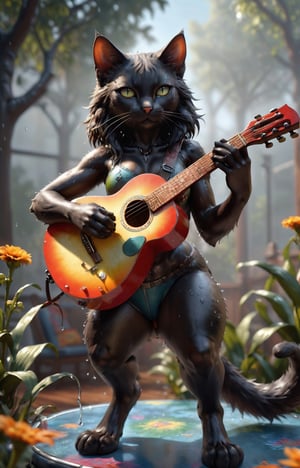 realistic detailed image, ((full body, the black cat plays the guitar)), lilligant, [sunny iridescence on dew drops], epic, cinematic photography with a clear focus, 16k hdr, volumetric lighting, depth of field, hyperrealism of fog and haze, bright colors and textures, unique patterns of nature as an artist, very stunning landscapes