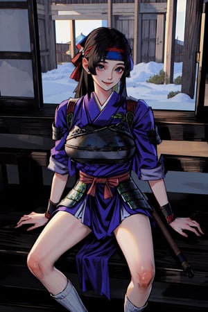 {best quality},{{masterpiece}},illustration,portrait,solo,masterpiece,best quality,black hair,long hair,headband,japanese clothes,japanese armor,muneate,large_breast,incredibly absurdres,highres,high detail eyes,sitting,window,smile,indoors,bar,sake,Samurai Warriors 5,hand on thigh,game cg,Gugu,fcloseup