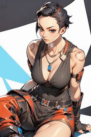 solo,(masterpiece),illustration,8k,ray tracing,finely detailed,best detailed,Clear picture,

black hair,short hair,large_breast,cleavage,fingerless_glove,thick-thighs,necklace,boots,muscular,tattoo,belt,armpit,cleavage,navel

,groin focus,low-angle_shot,sitting on objet,(masterpiece, best quality, absurdresm, absurdres,highres