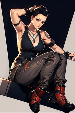 solo,(masterpiece),illustration,8k,ray tracing,finely detailed,best detailed,Clear picture,

black hair,short hair,large_breast,cleavage,fingerless_glove,thick-thighs,necklace,boots,muscular,tattoo,belt,armpit,cleavage,navel,full_body

,groin focus,low-angle_shot,sitting on objet,(masterpiece, best quality, absurdresm, absurdres,highres