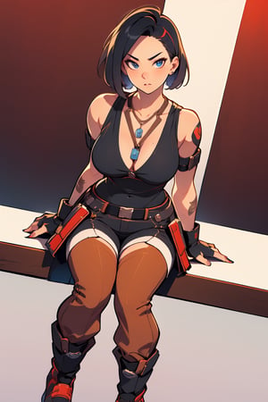 solo,(masterpiece),illustration,8k,ray tracing,finely detailed,best detailed,Clear picture,

black hair,short hair,large_breast,cleavage,fingerless_glove,thick-thighs,necklace,boots,muscular,tattoo,belt,armpit,cleavage,navel

,groin focus,low-angle_shot,sitting on objet,(masterpiece, best quality, absurdresm, absurdres,highres