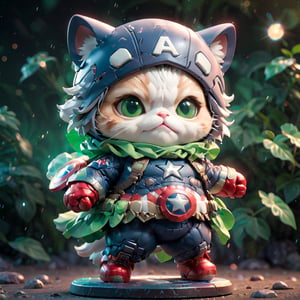 ((Toy), (3D Captain America Figure), (3D Cute Kitten Figure)) Close-up Angle, Green Eyes, Captain America Mask, Charming Smile, Full Body Captain America Costume, Captain America Shield, Detailed Focus, Deep Bokeh, Beautiful, Dark Cosmic Background. Visually pleasing to the eye, 3D, more detailed XL, Chibi, Fat