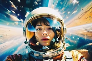 (Low wide angle side shot,old film photo),(beautiful female astronaut drifting in hyper space),(wearing space suit, helmet with face showing, stars reflection in helmet),hyperspace in the background,lisa,GothEmoGirl,palette knife painting,dreamgirl
