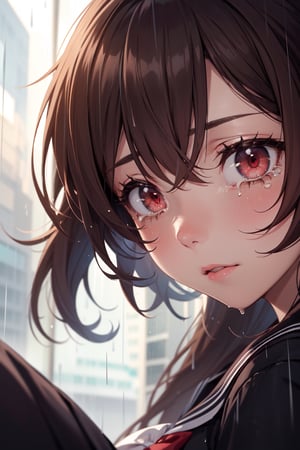 (face close up:1.25),city,embraced,(tear up:1.2),masterpiece, best quality, incredibly absurdres,1 girl,brown hair,long ponytail,red eyes,sailor black shirt,long sleeve,medium breasts,pleated skirt,panyhose,skinny,(rainy:1.1)