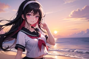 portrait,masterpiece, best quality, high resolution, highly detailed, detailed background,(black hair:1.2), very long hair,pink eyes,hairband,sailor shirt,short sleeve,pleated skirt,black thighhighs,loafer,medium breasts,skinny,sunset,beach,Diffused Light,embraced,smile