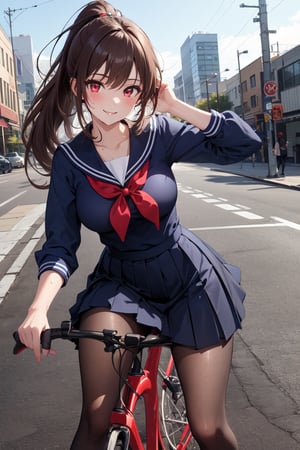 riding bicycle,masterpiece, best quality, incredibly absurdres,1 girl,brown hair,long ponytail,red eyes,sailor dark blue shirt,long sleeve,medium breasts,pleated skirt,black pantyhose,skinny,city,midday,rim light,smile,sweat