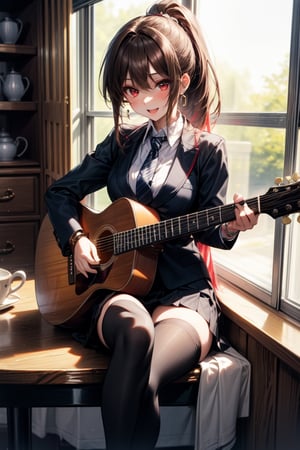 antique cafe,cupboard,sitting on table,(having a guitar:1.1),masterpiece, best quality, incredibly absurdres,1 girl,brown hair,ponytail,makeup,red eyes,blazer,collared shirt,tie,pleatedskirt,black thighhighs,loafer,hoop earrings,bracelet,medium breasts,skinny,daylight,rim light,laugh