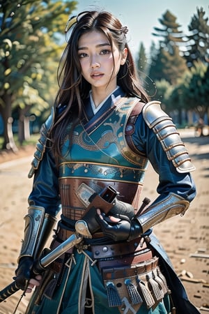 Natural Light, (Best Quality, highly detailed, Masterpiece), (beautiful and detailed eyes), (realistic detailed skin texture), (detailed hair), (Fantasy aesthetic style), (realistic light and shadow), (real and delicate background), ((cowboy shot)), (from high), 1girl, A handsome young general, clad in ancient Han armor and a helmet, stands confidently on the savannah landscape. He holds a sword as he commands a group of ancient Han soldiers in their traditional armor and uniforms. 
