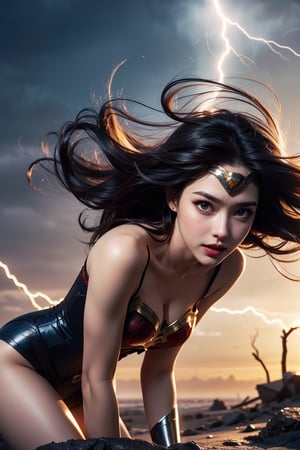 (masterpiece, best quality, photorealistic, high resolution, 8K raw photo opsional,19yo beautiful wonder woman,smile,from below,corset,erotic lingerie,big bust,colorful, jewelry,white ribbon on head,beautiful Slender,(strong wind Very long hair blowing),look at viewer,erotic pose,ellegance,sexy,smooth skin,sensuality and allure, cleavage, detailed face, detailed hands. makeup, glossy lips, sensual pose, in pain,(typhoon winds, tornado winds),captivating and visually stunning piece of fractal art featuring a single female figure wearing tight, created by a renowned artist, displaying extremely intricate details,Formal artistic quality with strong aesthetic appeal. High resolution rendering 8k,