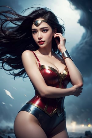 (masterpiece, best quality, photorealistic, high resolution, 8K raw photo opsional,19yo beautiful wonder woman,smile,from below,corset,erotic lingerie,big bust,colorful, jewelry,white ribbon on head,beautiful Slender,(strong wind Very long hair blowing),look at viewer,erotic pose,ellegance,sexy,smooth skin,sensuality and allure, cleavage, detailed face, detailed hands. makeup, glossy lips, sensual pose, in pain,(typhoon winds, tornado winds),captivating and visually stunning piece of fractal art featuring a single female figure wearing tight, created by a renowned artist, displaying extremely intricate details,Formal artistic quality with strong aesthetic appeal. High resolution rendering 8k,