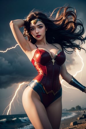 (masterpiece, best quality, photorealistic, high resolution, 8K raw photo opsional,19yo beautiful wonder woman,smile,from below,corset,erotic lingerie,big bust,colorful, jewelry,white ribbon on head,beautiful Slender,(strong wind Very long hair blowing),look at viewer,erotic pose,ellegance,sexy,smooth skin,sensuality and allure, cleavage, detailed face, detailed hands. makeup, glossy lips, sensual pose, in pain,(typhoon winds, tornado winds),captivating and visually stunning piece of fractal art featuring a single female figure wearing tight, created by a renowned artist, displaying extremely intricate details,Formal artistic quality with strong aesthetic appeal. High resolution rendering 8k,