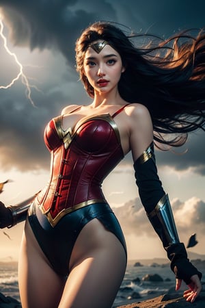 (masterpiece, best quality, photorealistic, high resolution, 8K raw photo opsional,19yo beautiful wonder woman,smile,from below,corset,erotic lingerie,big bust,colorful, jewelry,white ribbon on head,beautiful Slender,(strong wind Very long hair blowing),look at viewer,erotic pose,ellegance,sexy,smooth skin,sensuality and allure, cleavage, detailed face, detailed hands. makeup, glossy lips, sensual pose, in pain,(typhoon winds, tornado winds),captivating and visually stunning piece of fractal art featuring a single female figure wearing tight, created by a renowned artist, displaying extremely intricate details,Formal artistic quality with strong aesthetic appeal. High resolution rendering 8k,