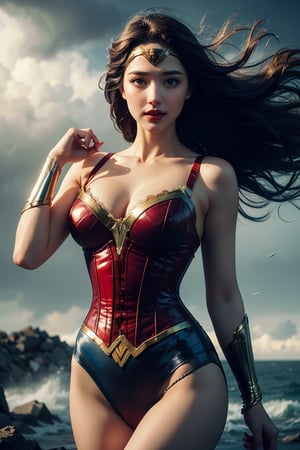 (masterpiece, best quality, photorealistic, high resolution, 8K raw photo opsional,19yo beautiful wonder woman,smile,from below,corset,erotic lingerie,big bust,colorful, jewelry,white ribbon on head,beautiful Slender,(strong wind Very long hair blowing),look at viewer,erotic pose,ellegance,sexy,smooth skin,sensuality and allure, cleavage, detailed face, detailed hands. makeup, glossy lips, sensual pose, in pain,(typhoon winds, tornado winds),captivating and visually stunning piece of fractal art featuring a single female figure wearing tight, created by a renowned artist, displaying extremely intricate details,Formal artistic quality with strong aesthetic appeal. High resolution rendering 8k,