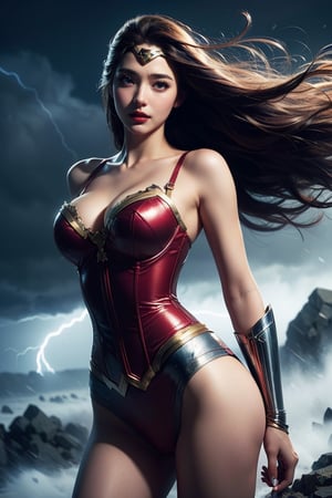 (masterpiece, best quality, photorealistic, high resolution, 8K raw photo opsional,19yo beautiful wonder woman,smile,from below,corset,erotic lingerie,big bust,colorful, jewelry,white ribbon on head,beautiful Slender,(strong wind Very long hair blowing),look at viewer,erotic pose,ellegance,sexy,smooth skin,sensuality and allure, cleavage, detailed face, detailed hands. makeup, glossy lips, sensual pose, in pain,(typhoon winds, tornado winds),captivating and visually stunning piece of fractal art featuring a single female figure wearing tight, created by a renowned artist, displaying extremely intricate details,Formal artistic quality with strong aesthetic appeal. High resolution rendering 8k,