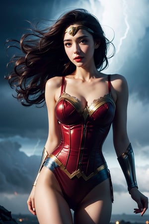 (masterpiece, best quality, photorealistic, high resolution, 8K raw photo opsional,19yo beautiful wonder woman,smile,from below,corset,erotic lingerie,big bust,colorful, jewelry,white ribbon on head,beautiful Slender,(strong wind Very long hair blowing),look at viewer,erotic pose,ellegance,sexy,smooth skin,sensuality and allure, cleavage, detailed face, detailed hands. makeup, glossy lips, sensual pose, in pain,(typhoon winds, tornado winds),captivating and visually stunning piece of fractal art featuring a single female figure wearing tight, created by a renowned artist, displaying extremely intricate details,Formal artistic quality with strong aesthetic appeal. High resolution rendering 8k,