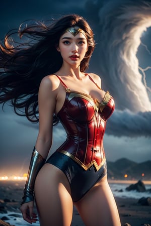 (masterpiece, best quality, photorealistic, high resolution, 8K raw photo opsional,19yo beautiful wonder woman,smile,from below,corset,erotic lingerie,big bust,colorful, jewelry,white ribbon on head,beautiful Slender,(strong wind Very long hair blowing),look at viewer,erotic pose,ellegance,sexy,smooth skin,sensuality and allure, cleavage, detailed face, detailed hands. makeup, glossy lips, sensual pose, in pain,(typhoon winds, tornado winds),captivating and visually stunning piece of fractal art featuring a single female figure wearing tight, created by a renowned artist, displaying extremely intricate details,Formal artistic quality with strong aesthetic appeal. High resolution rendering 8k,