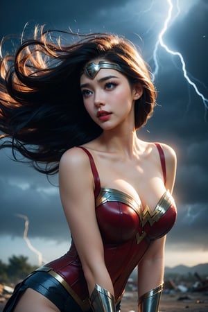 (masterpiece, best quality, photorealistic, high resolution, 8K raw photo opsional,19yo beautiful wonder woman,smile,from below,corset,erotic lingerie,big bust,colorful, jewelry,white ribbon on head,beautiful Slender,(strong wind Very long hair blowing),look at viewer,erotic pose,ellegance,sexy,smooth skin,sensuality and allure, cleavage, detailed face, detailed hands. makeup, glossy lips, sensual pose, in pain,(typhoon winds, tornado winds),captivating and visually stunning piece of fractal art featuring a single female figure wearing tight, created by a renowned artist, displaying extremely intricate details,Formal artistic quality with strong aesthetic appeal. High resolution rendering 8k,