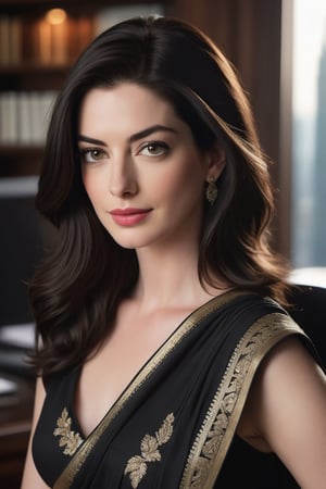 A stunning Indian woman, Anne Hathaway-esque in her beauty, poses confidently in a luxurious office setting. Her Trendsetter wolf-cut black hair is a striking contrast to the soft, fair skin and natural texture of her perfect, symmetric eyes. The flirty gaze invites the viewer's attention, drawing focus to her 36D figure. She wears a traditional saree, its folds elegantly framing her figure. A messy halo of hair surrounds her face, adding to the effortless charm. In sharp, high-contrast cinematic lighting, her luxurious office backdrop takes on a fairy-toned quality, with subtle Fujifilm XT3-inspired grain and 8K HDR detail.
