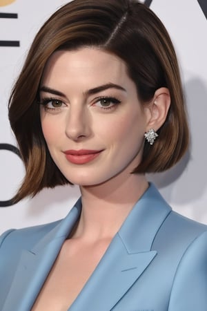 Anne Hathaway stands confidently against a crisp white background, her light brown hair styled in a chic, understated bob. Her piercing gaze commands attention, framed by a subtle winged eyeliner and defined brows. A modern, sleek blue business suit accentuates her toned physique, its fitted silhouette showcasing her stunning 36D figure. Fair skin glows with a soft, fairy-like tone, complementing the determined expression on her face. The overall composition is formal yet approachable, inviting the viewer to step into her confident world.