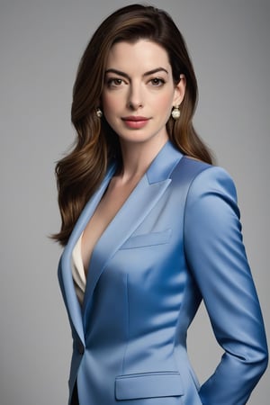 Vertical portrait of Anne Hathaway, a stunning Indian woman in her 40s, exuding determination and poise. She stands tall, her long light brown hair cascading down her back like a golden waterfall. Her C-cup breasts are perfectly proportioned beneath a sleek blue business suit that accentuates her curves.

Her fair skin glows with a subtle fairy tone, illuminated by soft overhead lighting that highlights the contours of her features. Her dark eyes seem to bore into the camera, radiating confidence and intelligence.

The framing is modern and formal, with Anne's figure centered against a clean white background that allows her stunning features to take center stage. The focus is on her face and upper body, with subtle depth of field blur creating a sense of intimacy and immediacy.