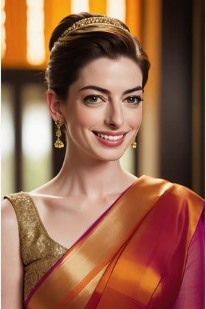 Anne Hathaway, a stunning Indian woman in her 20s, beams with joy, her bun hair neatly styled. Wearing a vibrant saree, she exudes determination. Soft, golden light illuminates her face, accentuating the sharp features and high cheekbones. The camera captures every detail with breathtaking realism, as if printed from an 8K HDR photograph. Framed by a modern, sleek composition, Anne's portrait radiates warmth and happiness. High contrast and cinematic lighting create depth, while subtle film grain adds texture to this award-winning shot, captured with precision using a Fujifilm XT3 DSLR camera.