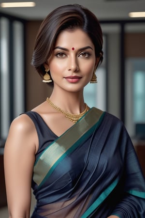 create a hyper realistic vertical photo of Indian most attractive woman in her 40s, Trendsetter wolf cut hair, trending on artstation, portrait, digital art, modern, sleek, highly detailed, formal, determined, wearing cotton saree, in luxurious office, 36D , fairy tone, fair skin, flirty gaze, anne hathway