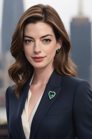 Anne Hathaway stands confidently, dressed in a sleek, navy blue business suit that accentuates her toned physique. Her light brown hair is styled in loose waves, framing her heart-shaped face and piercing green eyes that shine like emeralds under the soft, fairy-toned lighting. Her fair skin glows with a subtle sheen, as if kissed by the sun. The camera captures her determined expression, her full lips pursed slightly to convey a sense of resolve. In the background, a blurred cityscape provides a modern, urban backdrop that contrasts beautifully with Anne's timeless beauty. Every detail, from the suit's subtle texture to the delicate curve of her shoulders, is meticulously rendered in hyper-realistic style, making this portrait a true masterpiece.