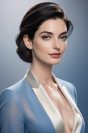 A striking vertical portrait of Anne Hathaway-inspired Indian beauty, standing tall with a confident gaze. Soft light illuminates her porcelain skin, accentuating the gentle slope of her nose and the subtle curve of her lips. Her raven-black hair cascades down her back like a waterfall of night, framing her heart-shaped face. A stunning blue business suit clings to her toned physique, emphasizing her 36D bust. The overall tone is whimsical, with a touch of fairy magic in her ethereal aura. Modern and sleek, this portrait captures the essence of determination and poise.