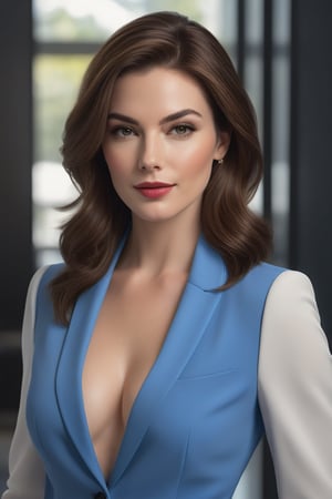 Captured in a vertical frame, this stunning Caucasian woman in her 30s exudes confidence and elegance. Her wolf-cut brown hair, trending on ArtStation, falls effortlessly down her back like a waterfall of rich, chestnut tones. The camera zooms in on her determined gaze, reminiscent of Anne Hathaway's striking features. A subtle smirk plays on her lips, hinting at a sense of sassiness. Her 36D breasts, proudly showcased without a bra, are the focal point of the composition. She stands tall, clad in an open blue business suit that accentuates her toned physique and sharp jawline. Soft, natural lighting illuminates her features, creating a sense of depth and dimensionality. The overall aesthetic is modern, sleek, and highly detailed, making this portrait a true masterpiece of digital art.