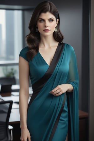create a hyper realistic vertical photo of Caucasian most attractive woman in her 40s, Alexandra Daddario, wearing maxi dress saree combination, Trendsetter wolf cut black hair, trending on artstation, portrait, modern, sleek, highly detailed, formal, determined,in luxurious office, 36D , fairy tone, fair skin, flirty gaze, 