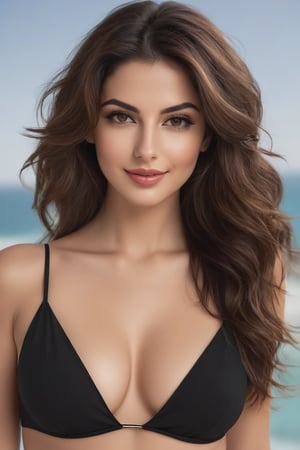 A mesmerizing Lebanese woman, 30s, stands tall against a clean, modern backdrop. Slightly tousled Trendsetter brown hair frames her intense black eyes, inviting smile, and full lips. C-cups breasts and curvy buttocks are expertly composed to accentuate her natural beauty. A radiant glow illuminates her skin, while messy locks add to the effortless allure. Her flirty gaze draws the viewer in, captured in hyper-realistic style.