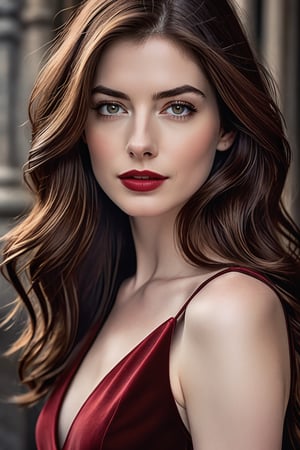 create a hyper realistic vertical photo of Lebnon most attractive woman in her 20s, Anne hathway, long wolf cut hair, wearing a dark red dress, perfect symmetric eyes, natural skin texture, hyperrealism, soft light, sharp, 8k hdr, dslr, high contrast, cinematic lighting, high quality, film grain, Fujifilm XT3