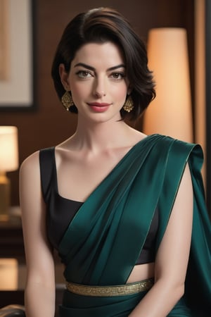 A stunning Indian woman, Anne Hathaway-inspired, sits confidently in a luxurious office, surrounded by sleek modern decor. Her Trendsetter wolf cut black hair is perfectly messy, framing her breathtakingly beautiful face. Her flirty gaze shines with perfect symmetric eyes and natural skin texture, adorned with a traditional saree. Soft light casts a warm glow, accentuating the high contrast of her 36D figure. The camera captures every detail in stunning 8K HDR, with sharp focus and cinematic lighting that rivals film grain. Fujifilm XT3's exceptional quality shines through.