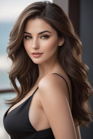 A stunning Lebanese woman stands confidently against a sleek, modern background, her captivating presence drawing the eye. Her wolf-cut brown hair is subtly disheveled, framing piercing black eyes and soft full lips that curve into a subtle smile. The composition accentuates her C-cup breasts and curvy buttocks as she poses with effortless elegance. Radiant skin glows with a healthy complexion, while messy locks add to the overall allure. A flirty gaze beckons the viewer's attention in hyper-realistic style, as if inviting them into her intimate world.