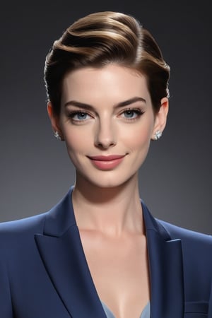 Anne Hathaway-inspired beauty stands confidently against a sleek, black background, her light brown locks styled in a chic updo. Her piercing gaze, framed by a subtle cat-eye makeup, exudes determination as she wears a stunning blue business suit, accentuating her toned physique. A hint of fairy tone glows on her fair skin, highlighting the subtle contours of her 36D bust. The formal attire and modern styling blend seamlessly, creating an iconic portrait worthy of trending on ArtStation.