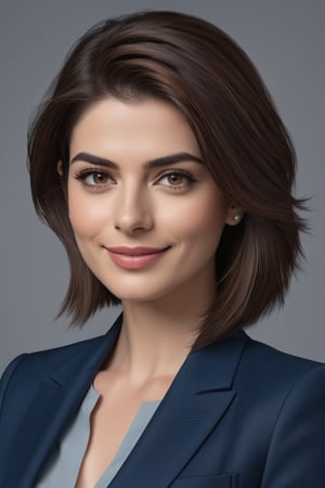 create a hyper realistic vertical photo of Indian most attractive happy woman in her 30s, Trendsetter wolf cut brown hair, trending on artstation, portrait, digital art, modern, sleek, highly detailed, formal, determined, blue business suit, Anne hathway,