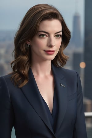 Anne Hathaway stands confidently, dressed in a sleek, navy blue business suit that accentuates her toned physique. Her light brown hair is styled in loose waves, framing her heart-shaped face and piercing green eyes that shine like emeralds under the soft, fairy-toned lighting. Her fair skin glows with a subtle sheen, as if kissed by the sun. The camera captures her determined expression, her full lips pursed slightly to convey a sense of resolve. In the background, a blurred cityscape provides a modern, urban backdrop that contrasts beautifully with Anne's timeless beauty. Every detail, from the suit's subtle texture to the delicate curve of her shoulders, is meticulously rendered in hyper-realistic style, making this portrait a true masterpiece.
