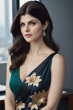 create a hyper realistic vertical photo of Caucasian most attractive woman in her 40s, Alexandra Daddario, wearing maxi dress saree combination, Trendsetter wolf cut black hair, trending on artstation, portrait, modern, sleek, highly detailed, formal, determined,in luxurious office, 36D , fairy tone, fair skin, flirty gaze, 