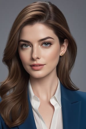 create a hyper realistic vertical photo of Indian most attractive woman in her 30s, anne hathway
, light brown hair, trending on artstation, portrait, modern, sleek, highly detailed, formal, determined, blue business suit, 36D,  fairy tone, fair skin, 