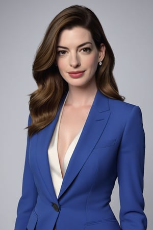 Anne Hathaway stands confidently against a crisp white background, her light brown locks styled in effortless waves. A stunning blue business suit hugs her curves, accentuating her impressive 36D bust. Her fair skin glows with a subtle fairy tone, as if kissed by moonlight. Determined eyes lock onto the viewer, exuding a sense of modern sophistication and formal elegance. The camera's gaze is framed by a shallow depth of field, emphasizing Anne's striking features and leaving the background softly blurred.