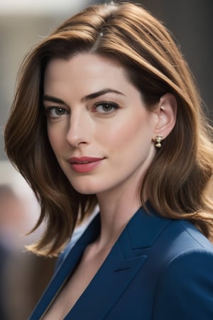 A close-up portrait of Anne Hathaway, a stunning Caucasian woman in her 40s, gazing directly into the camera with a determined expression. Her light brown hair is styled sleekly, framing her heart-shaped face. She wears a modern, high-fashion blue business suit that accentuates her toned physique, showcasing her impressive 36D bust. Her fair skin glows with a fairy tone, as if kissed by soft sunlight. The background is blurred, focusing attention on Anne's captivating features and piercing gaze.