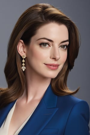 A serene, vertical portrait of Anne Hathaway, a stunning Indian beauty in her 40s. Her light brown locks cascade down her back like golden honey. Dressed to impress in a modern, sleek blue business suit, she exudes confidence and determination. Her flawless, fair skin glows with a soft fairy tone. Standing tall, her piercing gaze commands attention. Her 36D bust is perfectly proportioned beneath the fitted suit jacket. Framed against a crisp white background, Anne's striking features are rendered in exquisite detail, making this portrait a masterpiece for any art enthusiast on ArtStation.