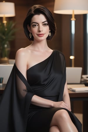 A stunning Indian woman, Anne Hathaway-inspired, sits confidently in a luxurious office, surrounded by sleek modern decor. Her Trendsetter wolf cut black hair is perfectly messy, framing her breathtakingly beautiful face. Her flirty gaze shines with perfect symmetric eyes and natural skin texture, adorned with a traditional saree. Soft light casts a warm glow, accentuating the high contrast of her 36D figure. The camera captures every detail in stunning 8K HDR, with sharp focus and cinematic lighting that rivals film grain. Fujifilm XT3's exceptional quality shines through.