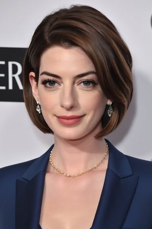 Anne Hathaway stands confidently against a crisp white background, her light brown hair styled in a chic, understated bob. Her piercing gaze commands attention, framed by a subtle winged eyeliner and defined brows. A modern, sleek blue business suit accentuates her toned physique, its fitted silhouette showcasing her stunning 36D figure. Fair skin glows with a soft, fairy-like tone, complementing the determined expression on her face. The overall composition is formal yet approachable, inviting the viewer to step into her confident world.