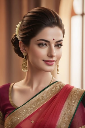 Anne Hathway-inspired Indian beauty in her 20s, donning a stunning saree and styled bun hair. Soft, warm light casts a gentle glow on her radiant face, accentuating the sharp features and bright smile. The highly detailed portrait showcases a modern, sleek aesthetic, with crisp lines and high-contrast toning. Hyper-realistic rendering brings forth every subtle nuance of her skin tone and makeup, as if captured in 8K HDR using a DSLR camera like Fujifilm XT3, complete with film grain textures for an added touch of cinematic authenticity.