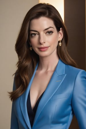 Anne Hathaway, a stunning Indian woman in her 40s, stands confidently in a vertical composition, her striking features illuminated by soft, golden light. Her long, light brown hair falls effortlessly down her back, framing her porcelain-like complexion. A sleek, modern blue business suit accentuates her curves, with a subtle sheen highlighting the fabric's texture. Her C-cup breasts are showcased beneath the jacket, while her 36D figure is toned and athletic. Her determined gaze pierces through the camera lens, exuding confidence and poise. The fairy tone of the image imbues her with an ethereal quality, as if she's about to take flight.