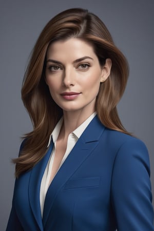 create a hyper realistic vertical photo of anne hathway Indian most attractive woman in her 40s, light brown hair, trending on artstation, portrait, modern, sleek, highly detailed, formal, determined, blue business suit, 36D,  fairy tone, fair skin, 
