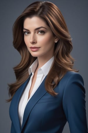create a hyper realistic vertical photo of Indian most attractive woman in her 40s, anne hathway, C-cups boobs, big buttock,, light brown hair, trending on artstation, portrait, modern, sleek, highly detailed, formal, determined, blue business suit, 36D,  fairy tone, fair skin, 
