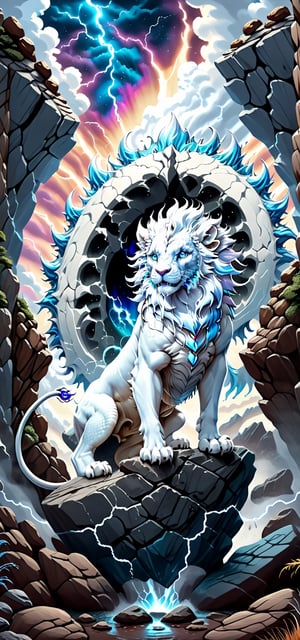 fantacy scenery, white lion on rock, dragon coming out from portal in sky, lion facing towards portal and roaring , realistic, 4k, highly detailed, colourfull lightening on sky
