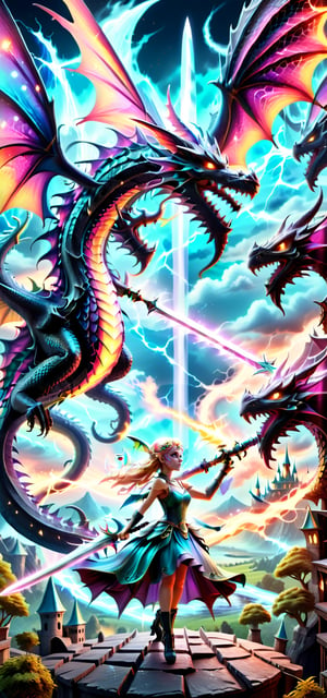 fantacy scenery, beautiful fairy, long sword in hand, facing towards dragon, fairy ordering her army to attack on dragon's kingdom, attacking action ,black dragon flying above it's kingdom ,facing each other, realistic, 4k, highly detailed, colourfull lightening on sky